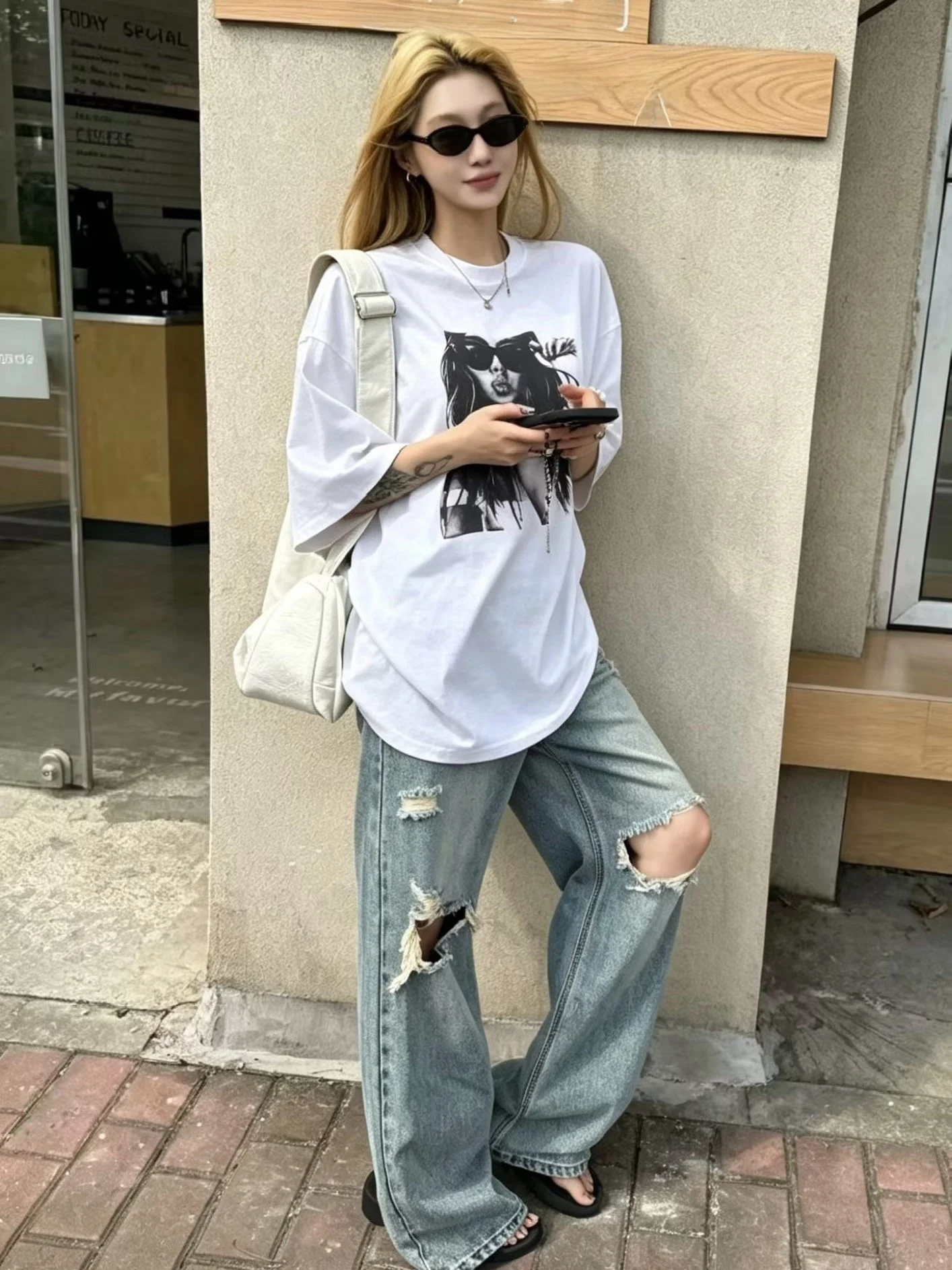 

Amy2026 Summer New Loose Shoulder Pad Beauty Headshot Print Short Sleeve T-Shirt Women Lazy Style Top Casual Cotton Blend