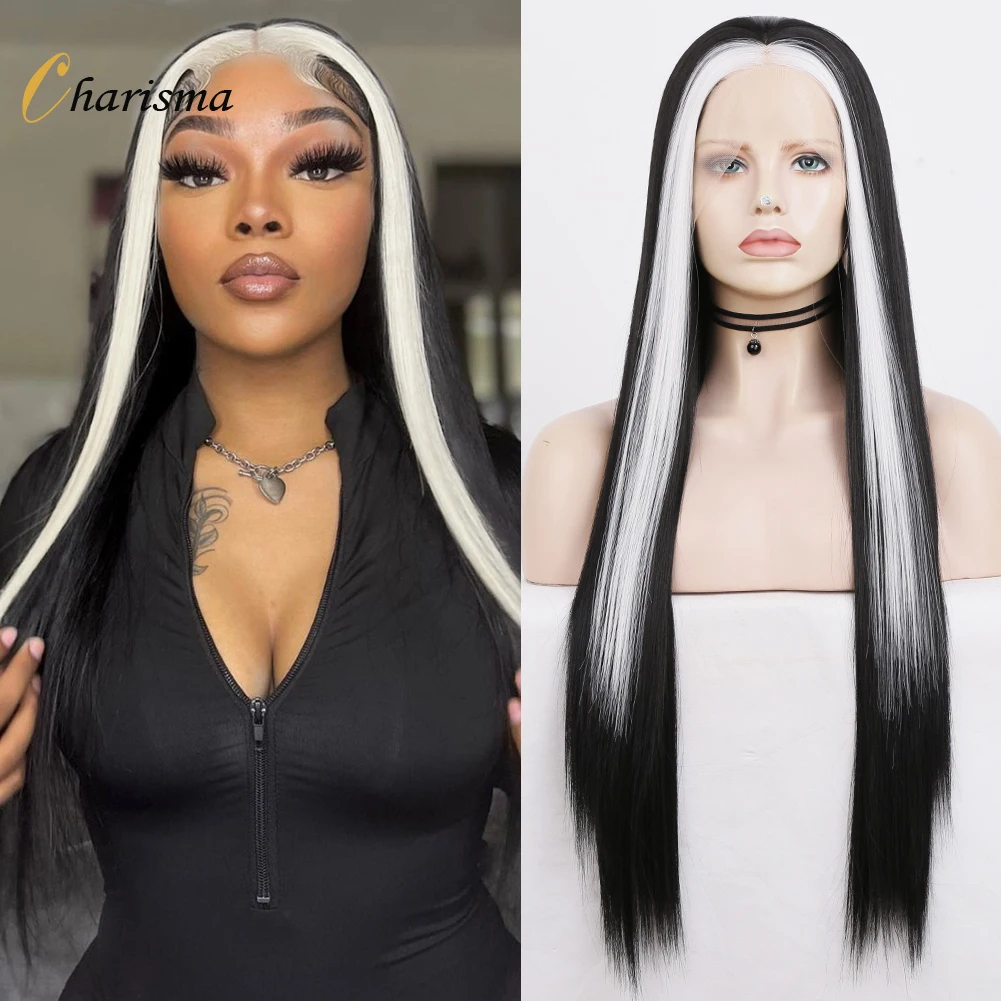 Karisma Wig sintetis renda depan Wig hitam Wig Frontal putih sorot renda Wig untuk wanita Wig bagian tengah lurus panjang halus