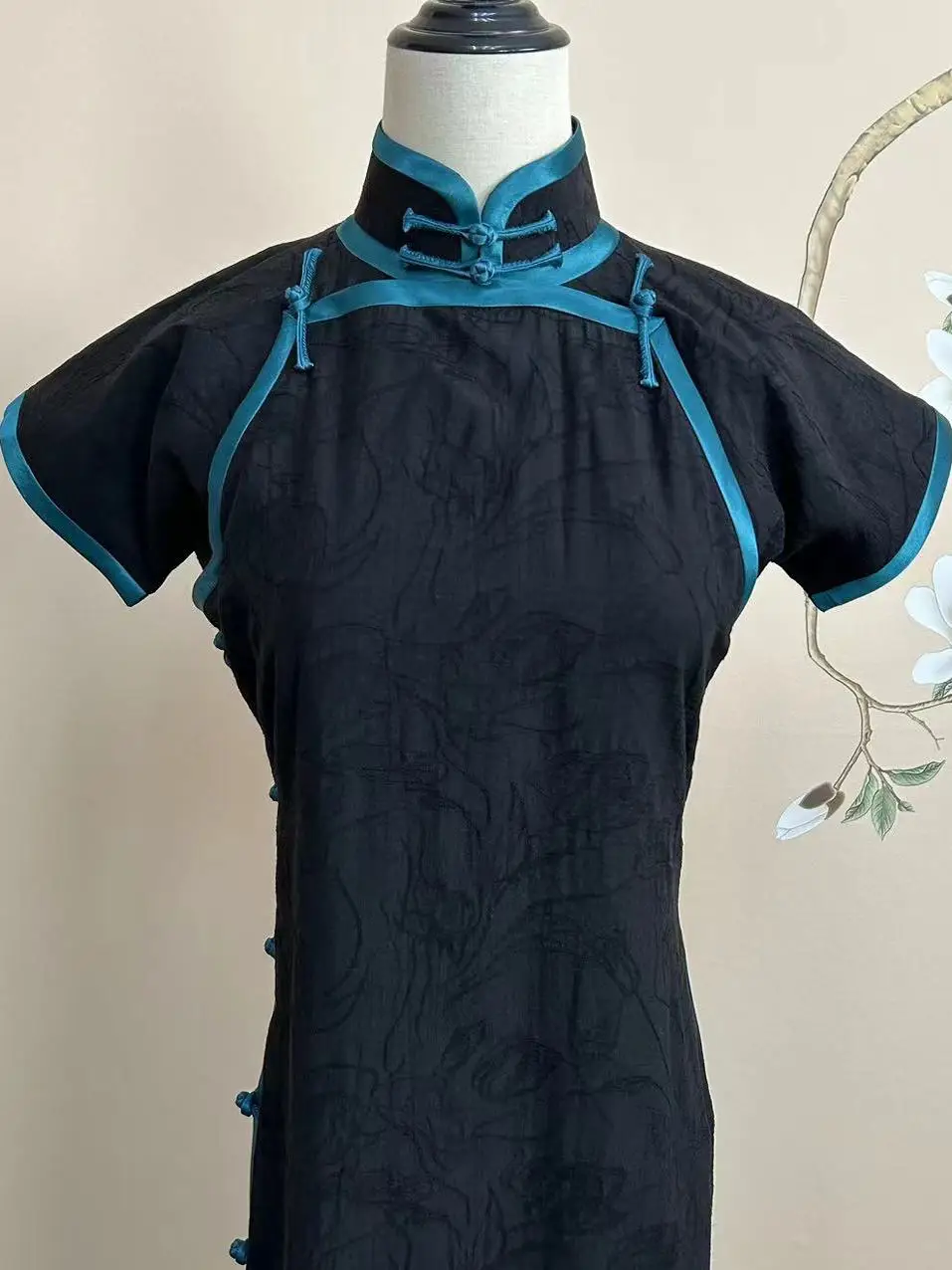 

Ele Handmade Bla Double Layered Middle Length Qipao Full Open Vintage Sle Breathable ort Sve