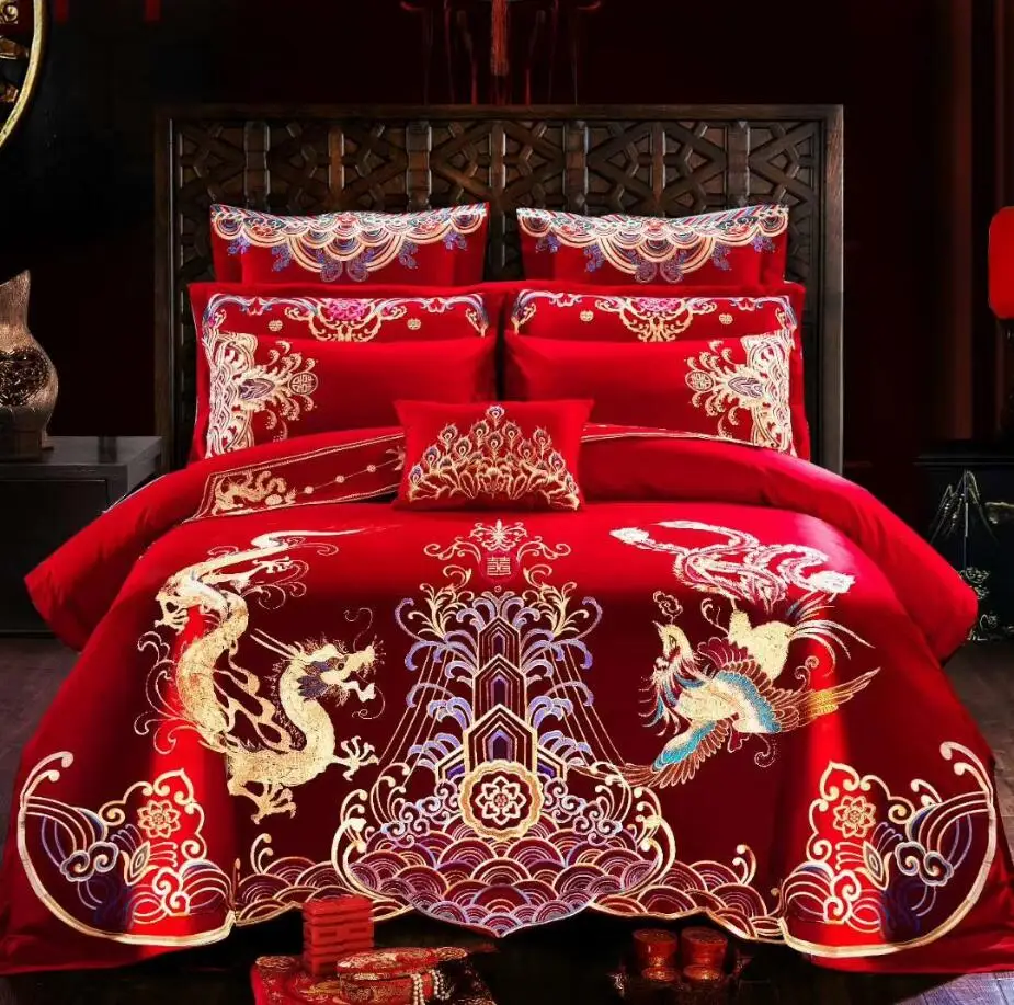 

Red Chinese Style Wedding Embroidery Duvet Cover Bed Sheet Set Cotton Solid Princess Bedding Set Luxury Romantic Girls Bed Cover