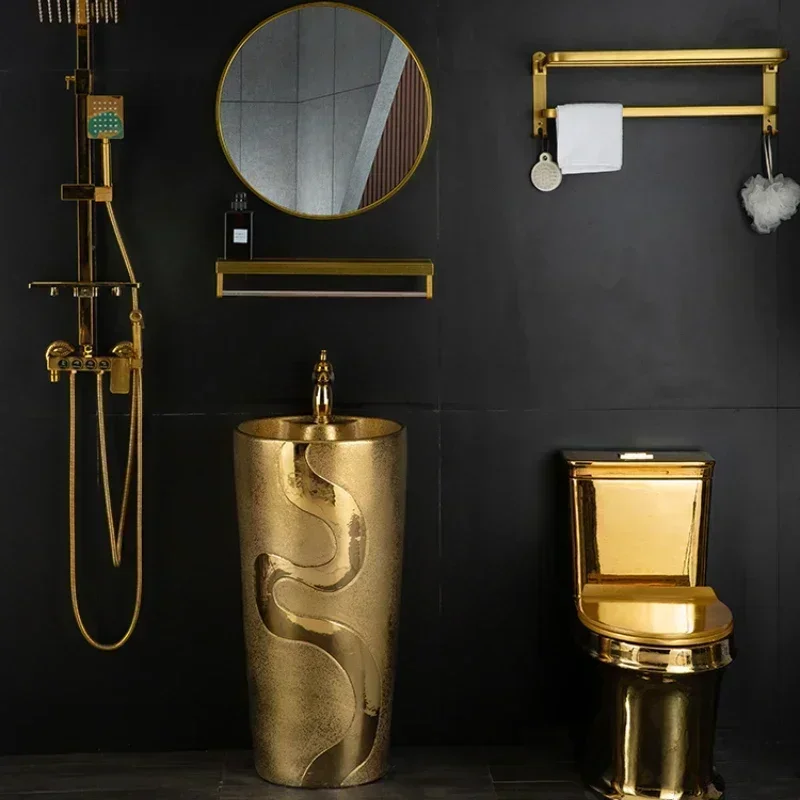 

Electroplated gold pillar basin washbasin one-piece basin integrated floor basin Hot sales