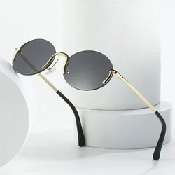 2024 Sunglasses for Women Summer Rimless Vintage Glasses Golden Frame Oval Fashion Shades Pink Women Eyewear UV400 Oculos