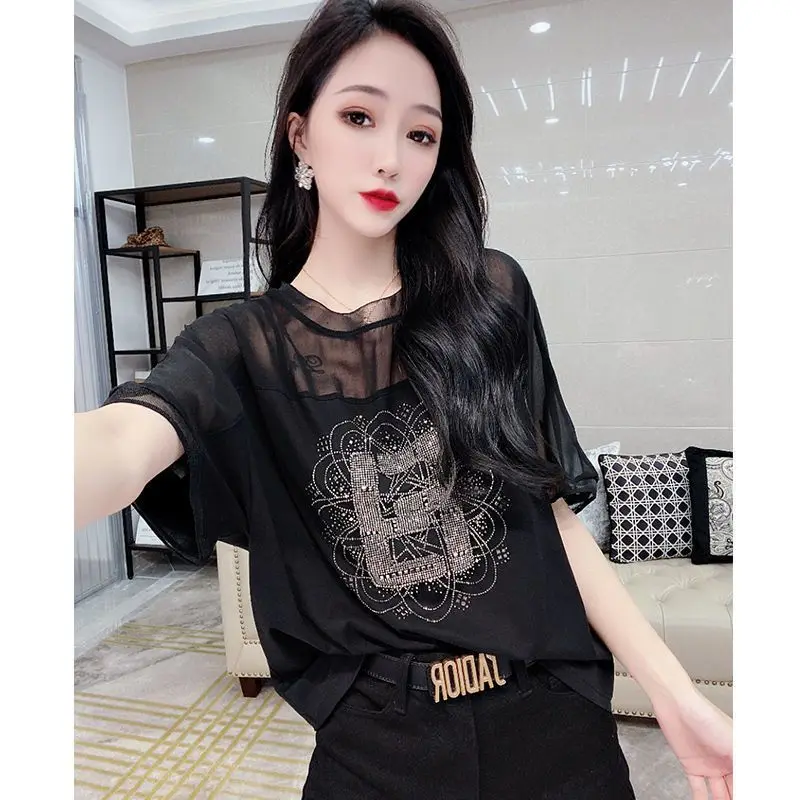 

Fashion Spliced Gauze Diamonds Batwing Sleeve Chiffon Blouse Women's Clothing 2023 Summer New Oversized Casual Tops Korean Shirt