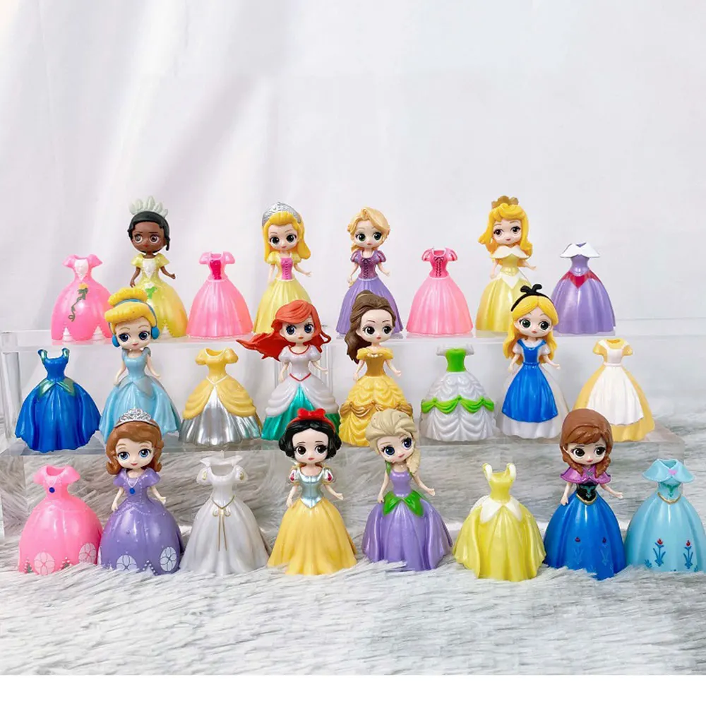 8cm 24pcs/Lot Disney Princess Snow White Alice Anna Sleeping Beauty Sofia Belle Cinderella Dress Changeable Figure Toys Gift