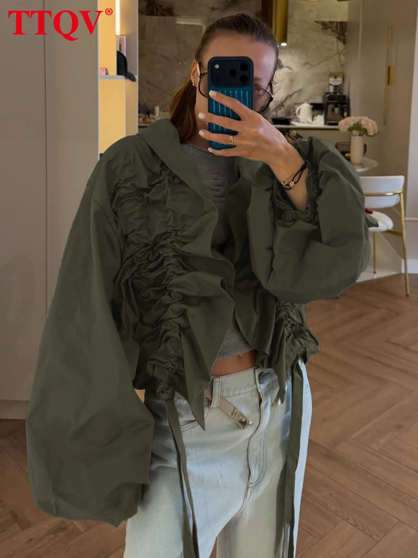 TTQV Fashion Loose Green Cotton Women Blouse Winter Turtleneck Long Sleeve Shirt Elegant Classic Drawstring Top Female Clothing