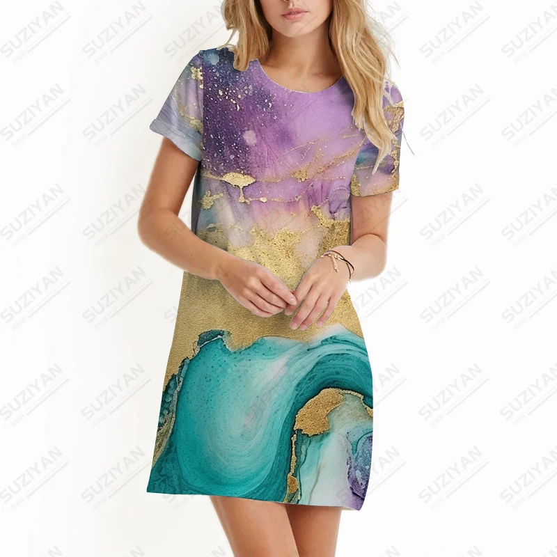 Damen lässig Kurzarm Kleid lose Büro Party Kleid Mode einfache Sommer Damen Kleid Marmor Textur 3D-Druck Kleid