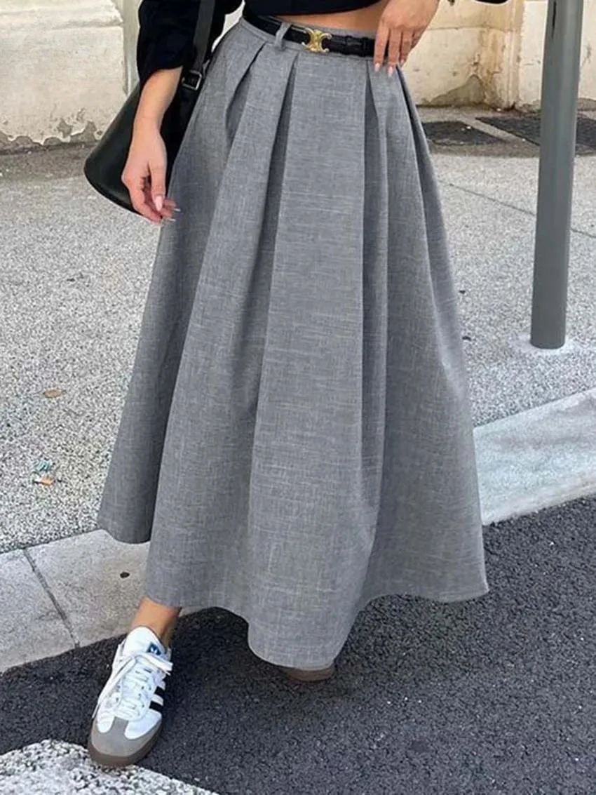 

Fashionable and elegant gray women's casual high waisted pleated new style solid color knee length skirt street wear
