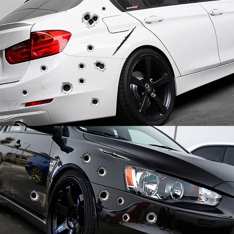 2pcs Car Styling 3D Decals Emblem Symbol Creative Personalized Stickers Fake Bullet Hole Gun Shots Funny Car Helmet Stickers