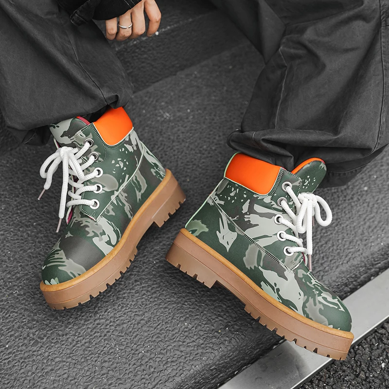 

Winter Men's Ankle Motorcycle Safety Platform Cowboy Boots Short Boots Warm Thick soled Leather Shoes