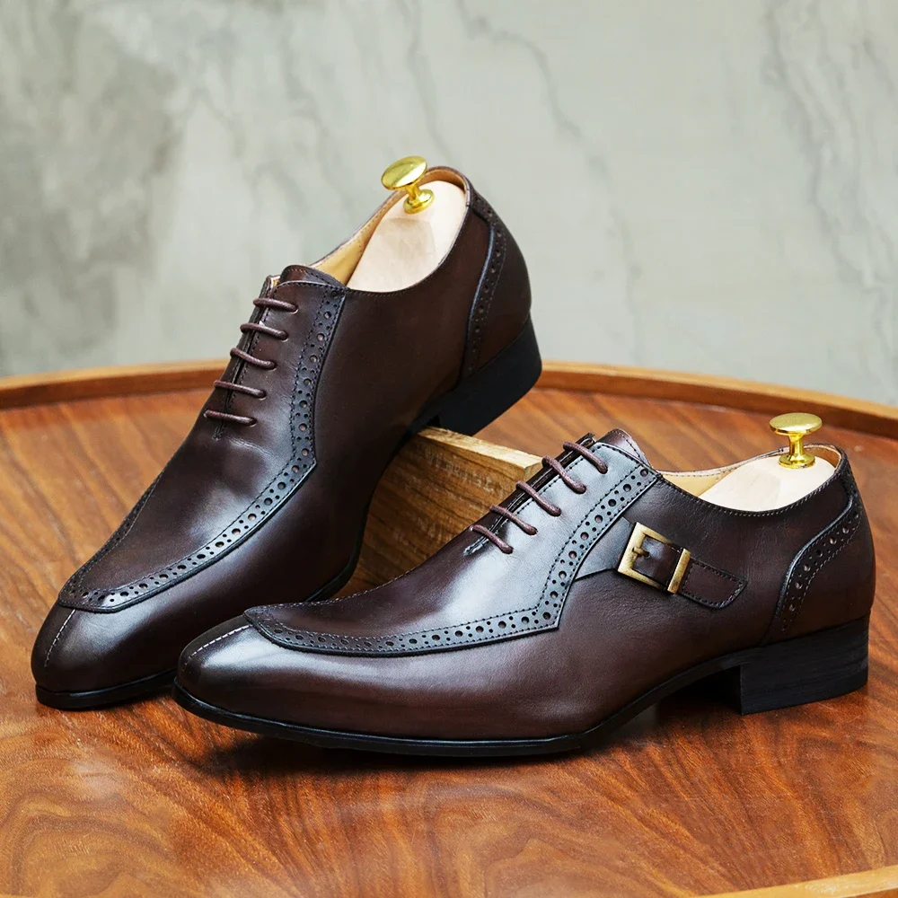 Luxuriöse Herren-Kleiderschuhe aus Leder, braun/schwarz, für Büro, Business, Hochzeit, formelle Schnürung, spitze Zehenpartie, Oxford mit Schnalle