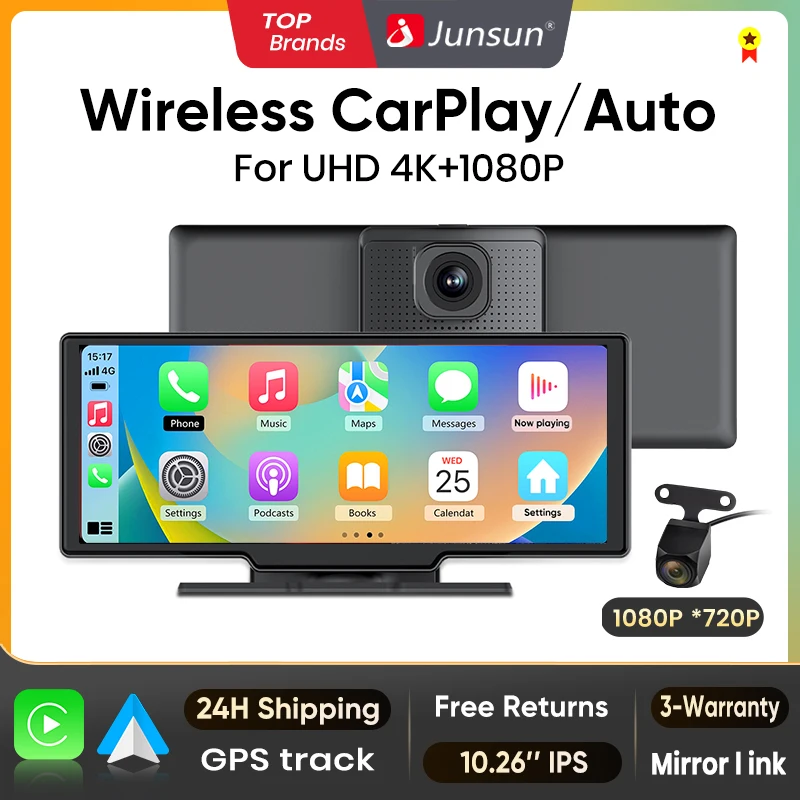 Junsun 10,26 "4K Auto DVR Ai Stimme Drahtlose Carplay Android auto Dash Cam Dual Len Dashboard Video Recorder GPS Navigation FM AUX
