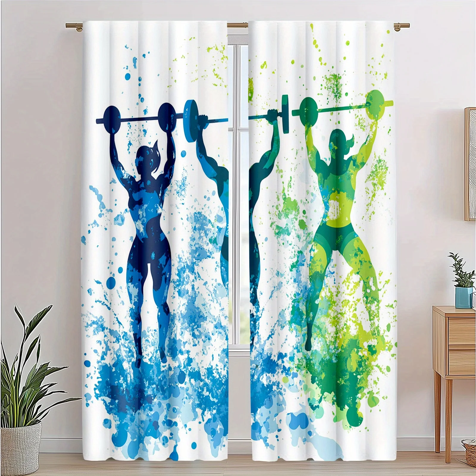 Colorful Weightlifting Silhouette Curtains, Gym Fitness Splash Art Drapes, Motivational Sports Home Gym Window Treatment Decor