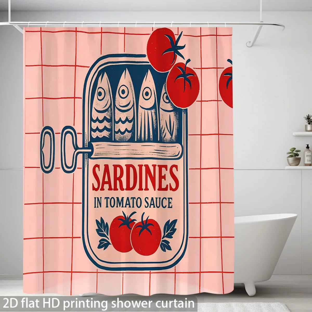 Cortina de ducha con diseño de sardinas en salsa de tomate, diseño artístico vintage de comida para decoración de baño con temática de cocina original, con ganchos, instalación rápida