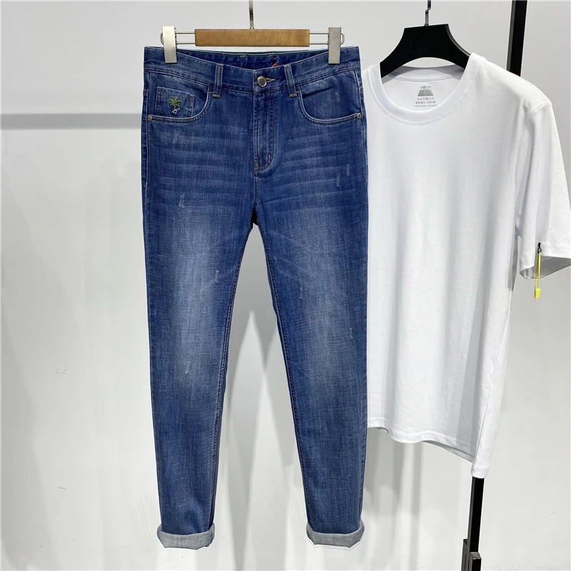 

Итальянские джинсы прямого кроя класса люкс из стираного хлопка с эластаном, повседневные летние брюки, новинка