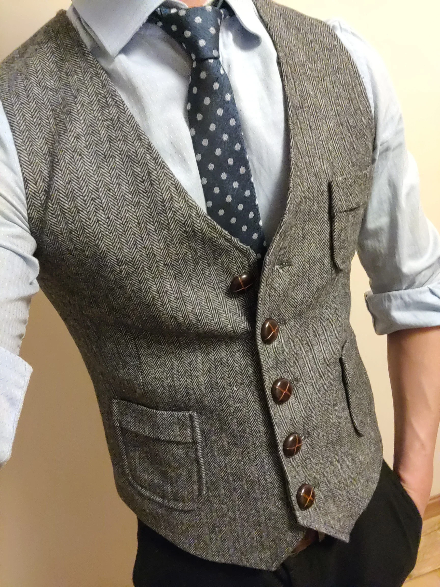 Men's Formal Suit Vest V-Neck Tweed Herringbone Waistcoat Business Dress Suit Vests  Business Dress Suit Vests For WeddingA