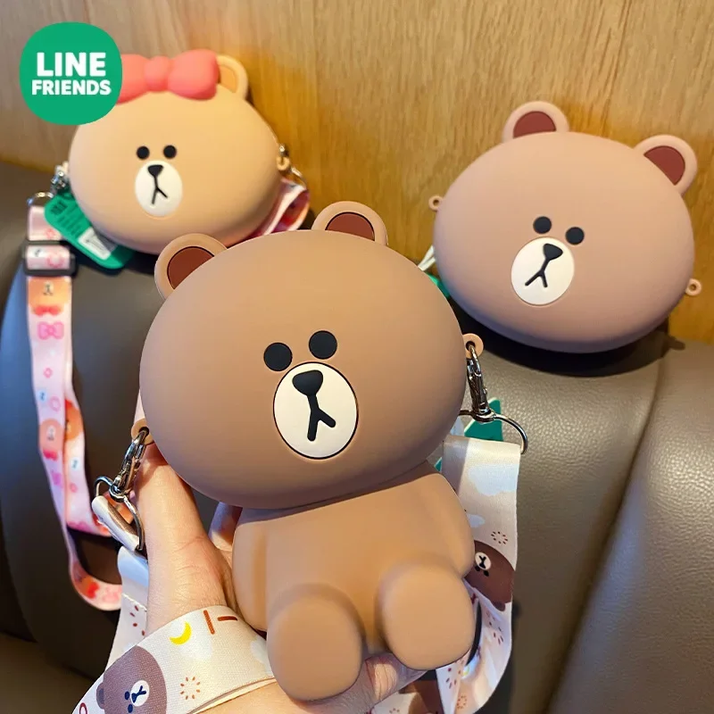 حقيبة كروس بنية من Line Friends للفتيات ذات مظهر عالٍ جديد من السيليكون لتخزين سماعات الأذن ومحفظة للعملات المعدنية هدية عيد ميلاد أنيمي Kawaii