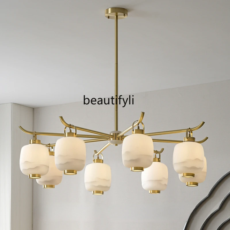 

LBX New Chinese Style Living Room Chandelier Modern Copper Chinese Style Glass Tea Room Dining-Room Lamp