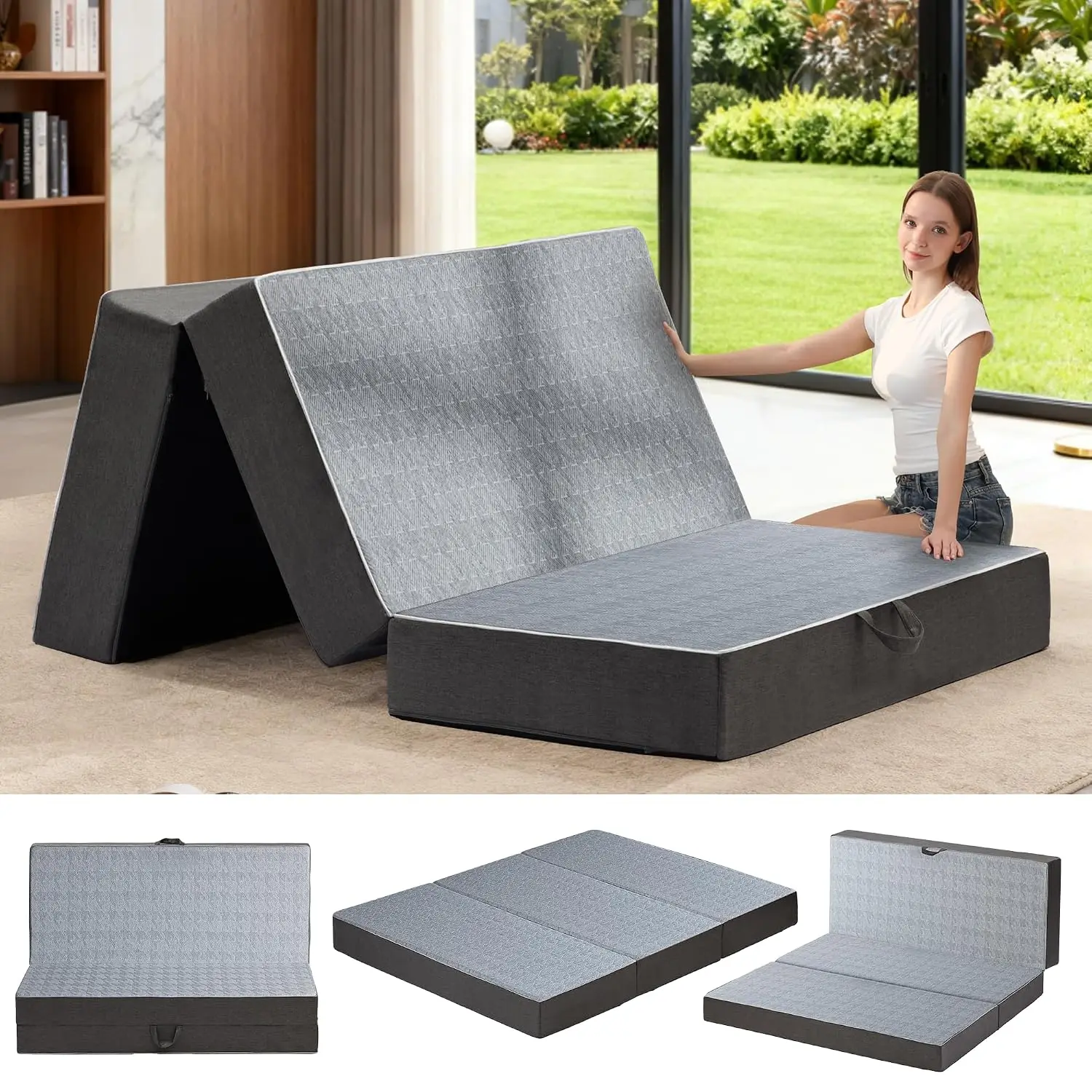 Tri-Fold 6 Inch Memory Foam Mattress, Removable Washable Cover, Handle & Non-Slip Bottom for Guest Camping RV, Customized