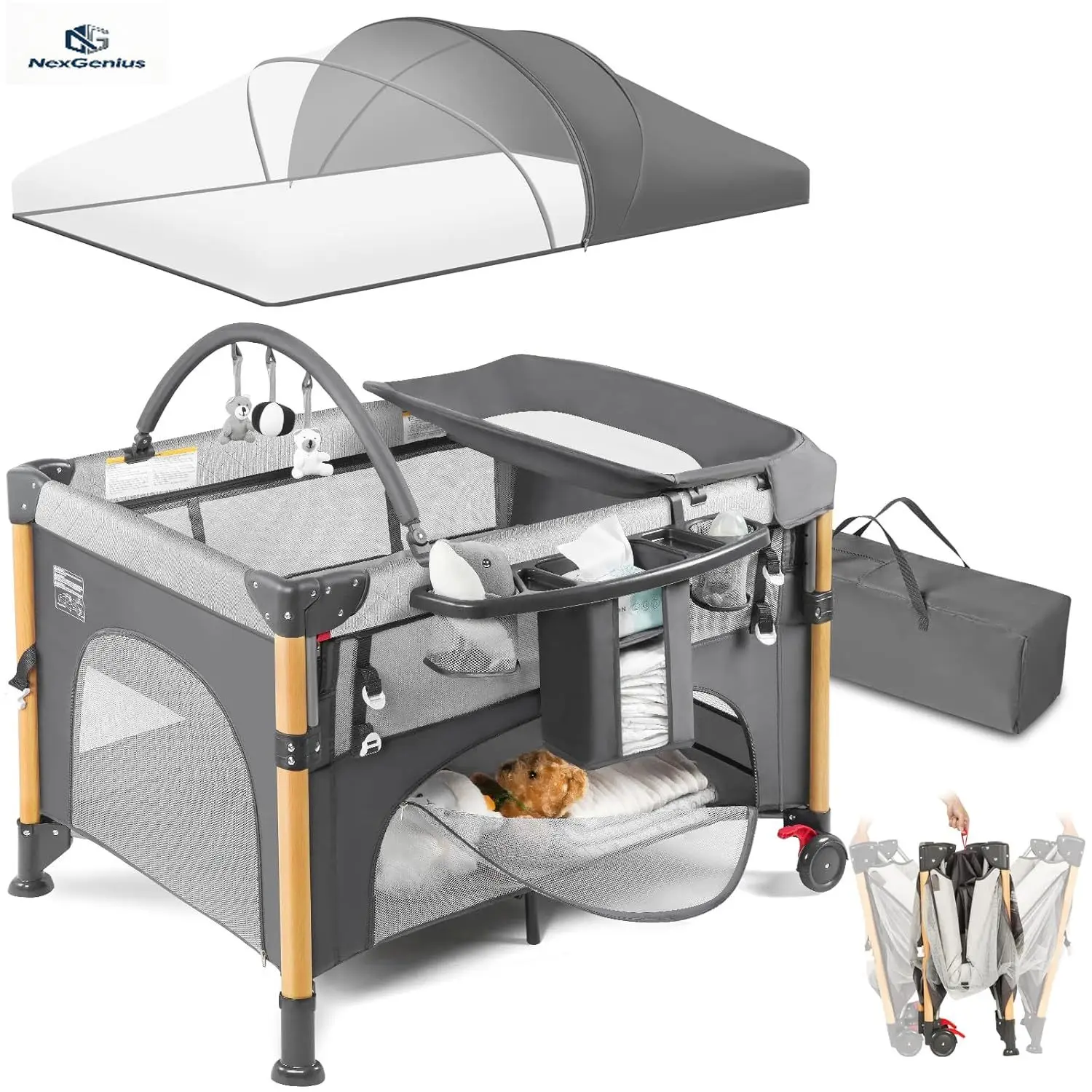 Cuna Portátil Plegable Pack N Play, Cuna de Viaje para Bebé, Instalación con una Sola Mano, Cambiador de Pañales, Colchón Ajustable para Recién Nacidos y Niños Pequeños