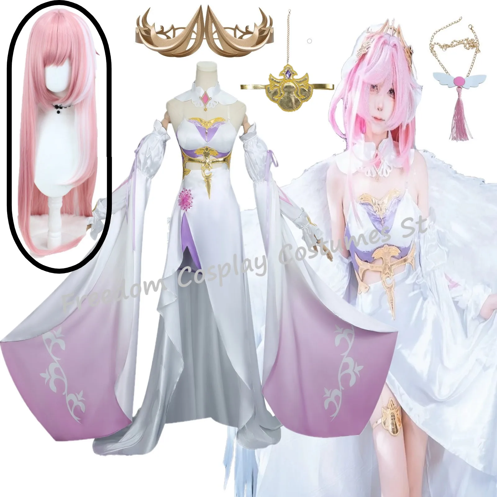 

Game Honkai Impact 3 Cosplay Elysia Costume Headwear Angel Returns Powder White Evening Dress Wig Woman Carnival Skirts Suit