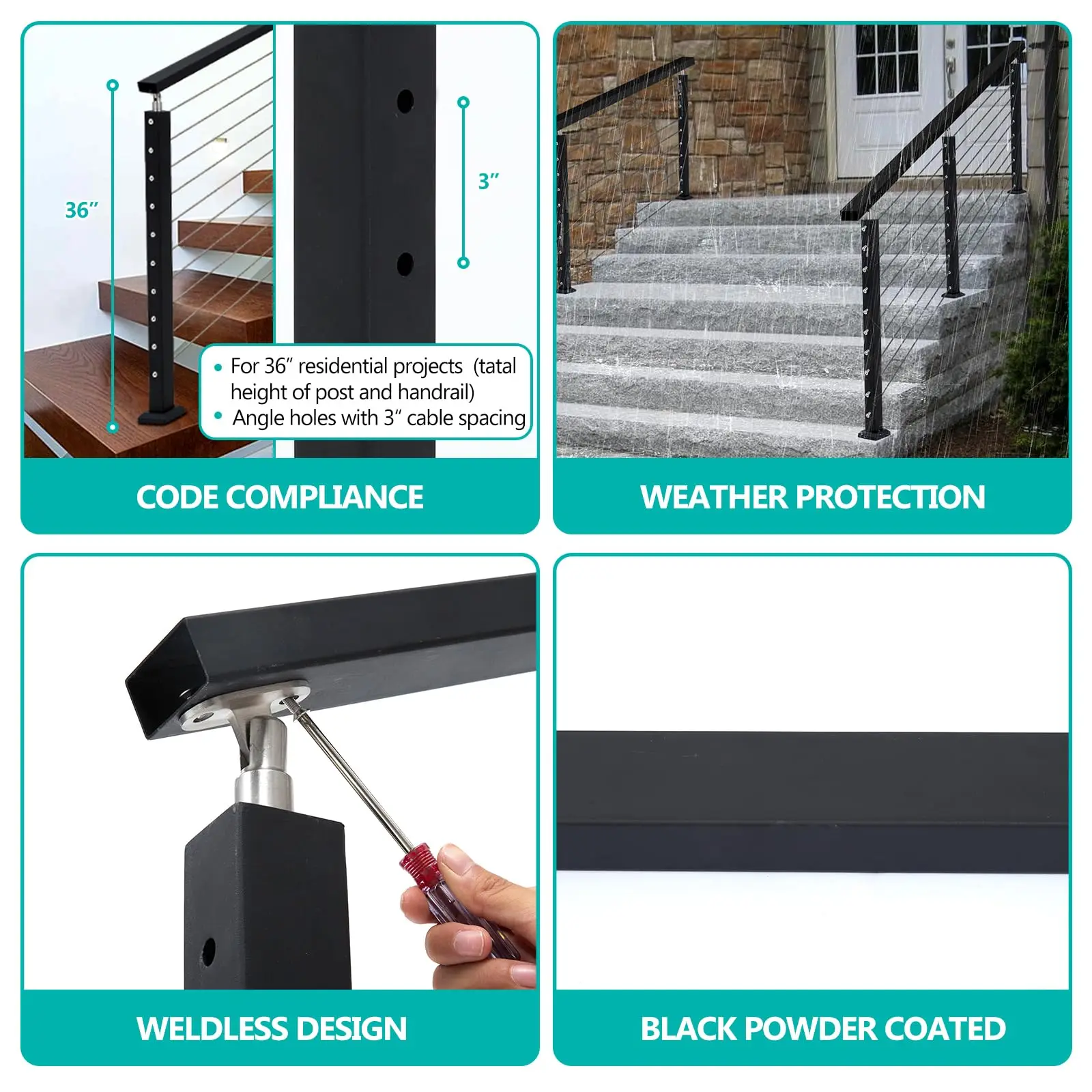 36" Stair Cable Railing Post Kit Set, 5-10ft Complete Fit for 25-35° Stair Include 2 Black Railing Posts and 1 Handrail