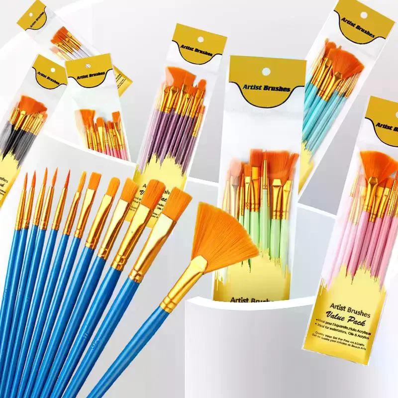 12Pcs Nylon Bristle Brush Set Flat Brushes Watercolor Oil Paint For Artists Amateur And Acrylic Paintings Fabric Brushes