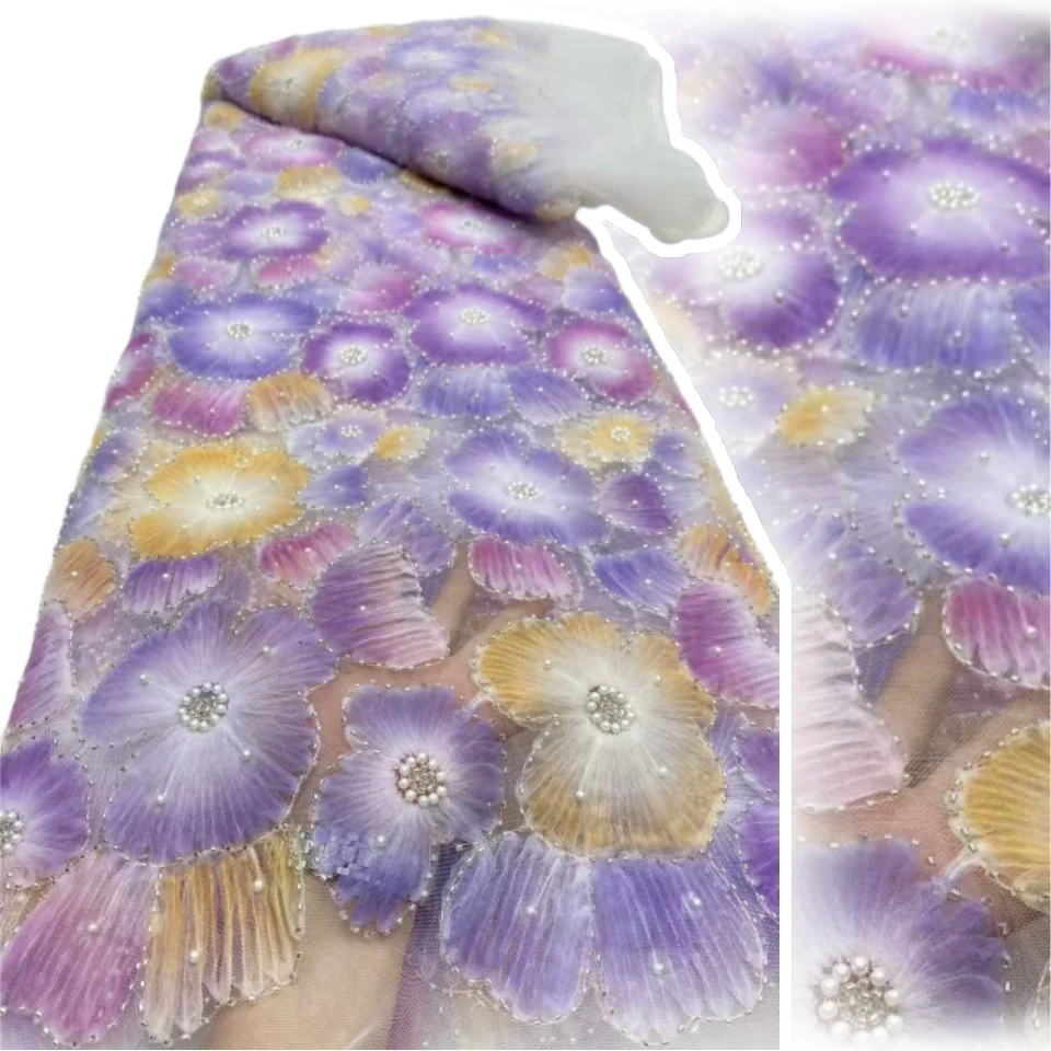 

5 Yards Luxury 3D Flower French Net Lace with Sequins Latest Nigreian Beads Tulle Lace Embroidery Fabric for Wedding Dress C1490