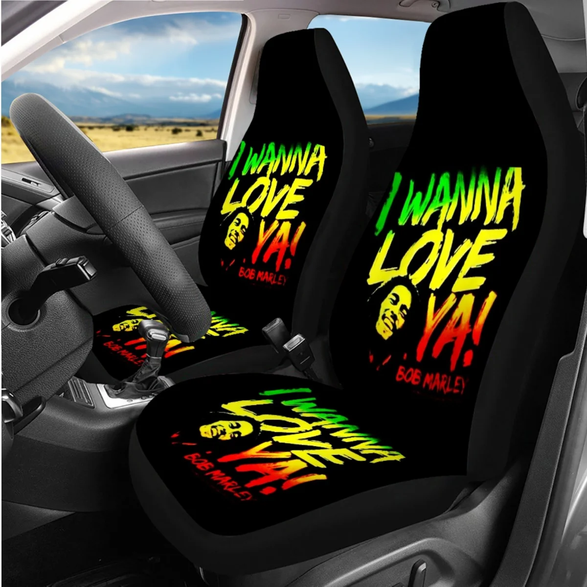 7Pcs Car Accessories Rock Band Singer Bob Marley Front Back Seat Cover Set Easy Installation Seatbelt Steering Wheel Covers New