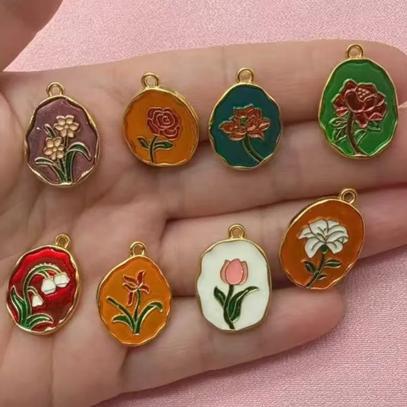 10 pièces de pendentifs en forme de tulipe, rose, lys, orchidée, style chinois chic, effet goutte d'huile bleu brûlé, pour accessoires de bracelet et collier DIY
