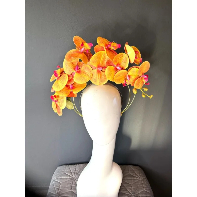 Orange hot pink fascinator- Kentucky Kentucky Derby flower headband view 2
