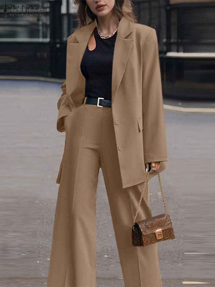 ZANZEA Wide Leg Trouser Women Pant Sets Elegant Commute Office Lady Solid 2pcs Blazer Suits Long Sleeve Blazer 2-Piece Sets