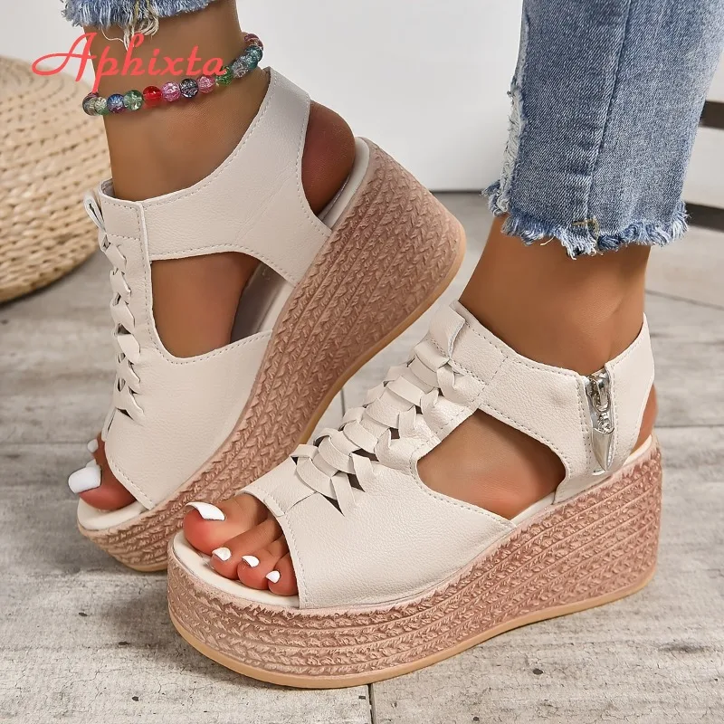 

Aphixta 7cm High Heels Sandals Fish Mouth Wedge Sandals Zipper Platform Sandal Women Free Shipping Heels for Ladies