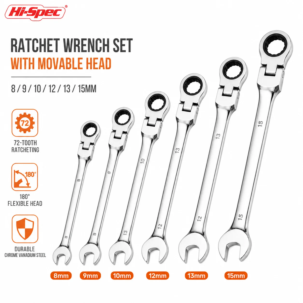 Hi-Spec 8-15mm Ratchet Wrench Set Metric Spanner Universal G