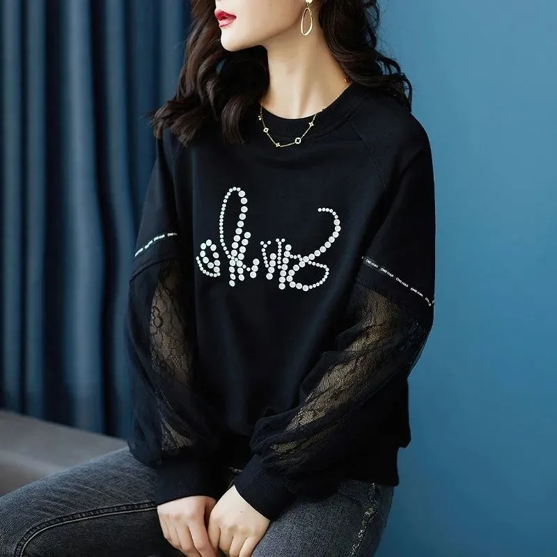 Hoodies Women O-neck Lace Sequins Printed Pullovers Spring Summer Fashion Fashion Comfortable Loose Solid Unique Streetwear