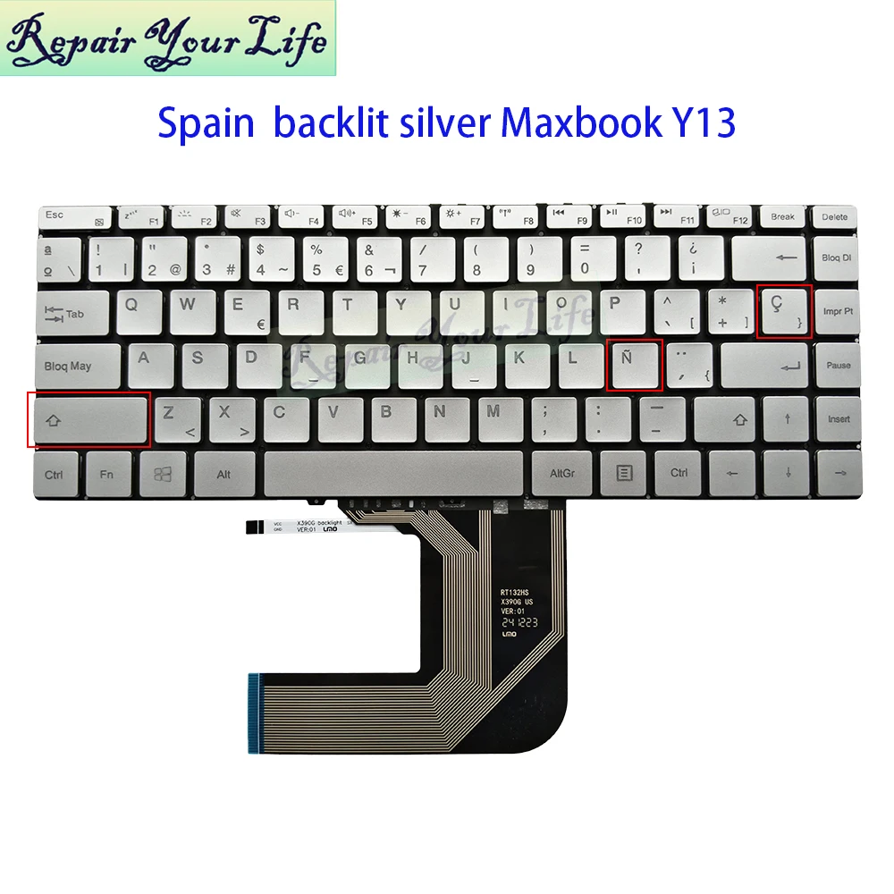 Spanish Backlit Keyboard For BMAX Y13 MaxBook Y13 MB30010010 RT132HS Notebook SP/ES Spain Latin Keyboards Silver Black Keycaps