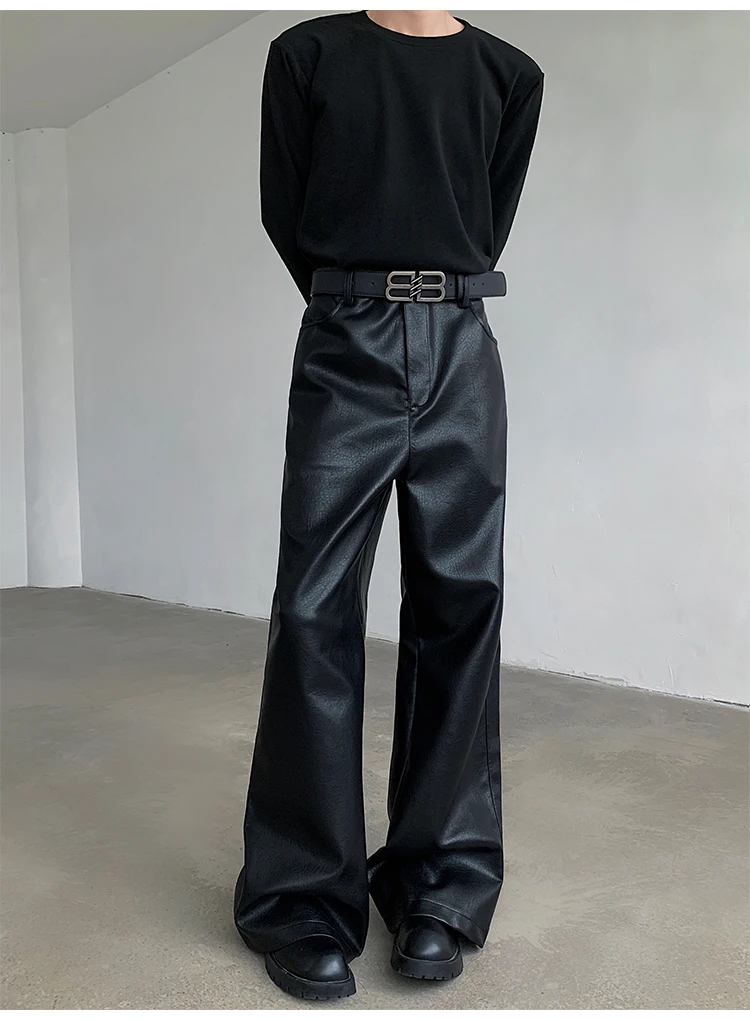 Men's Punk PU Leather Pants Black Wide-leg Zipper straight trousers Fashion Hipcool Windproof Mopping Trousers All-match view 6