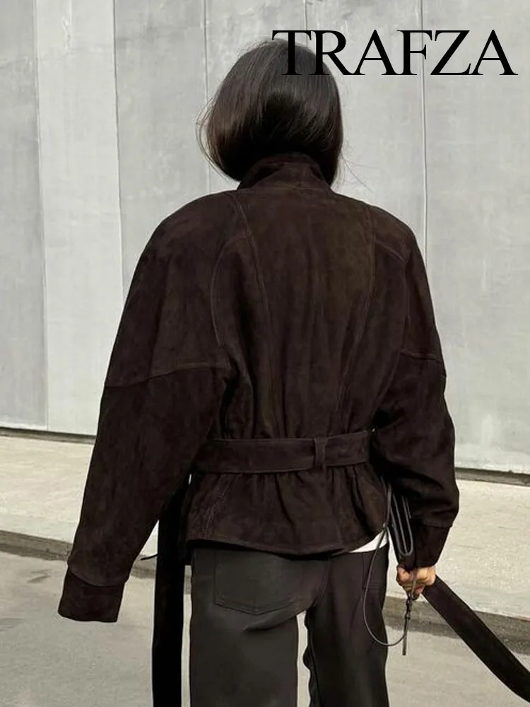 

TRAFZA 2025 Autumn Women Fashion Maillard Belt Unique High-end Trench Suede Coat Female High Street Casual Lapel Jacket Mujer