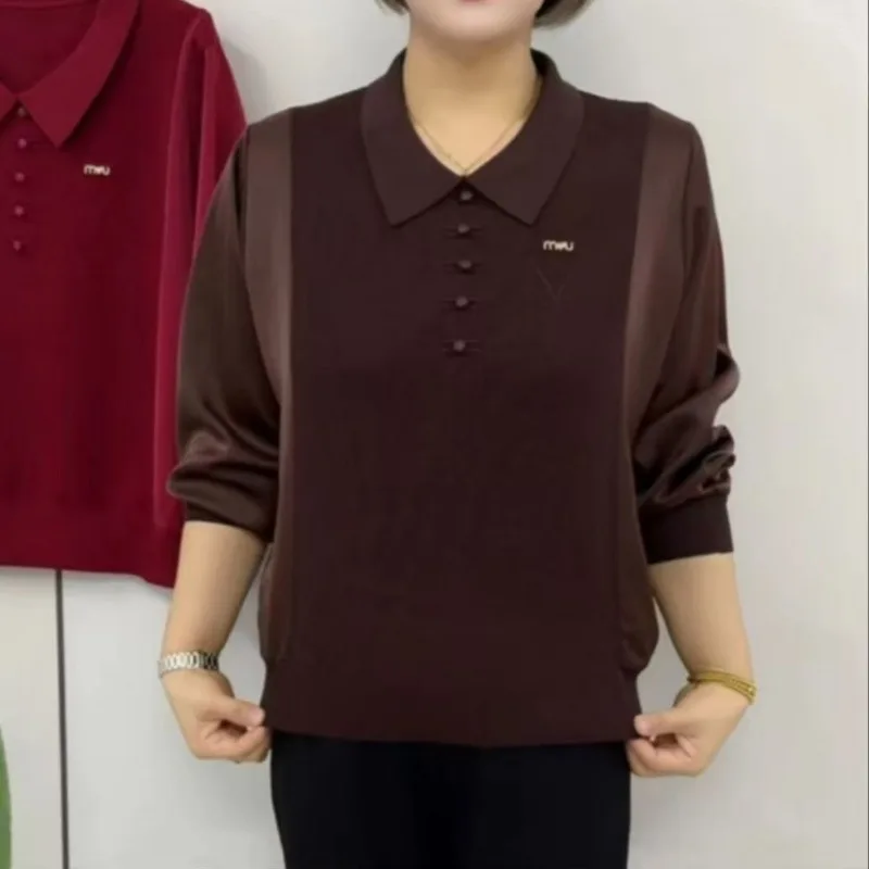 

Spring and Autumn New Spliced Acetate Doll Collar Covering Belly Women's Casual Base Shirt T-shirt