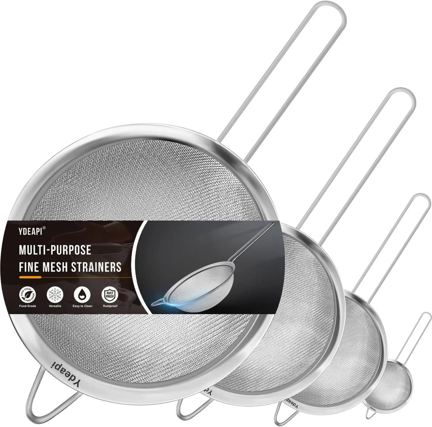 

Fine Mesh Strainer, Stainless Steel Kitchen Strainers with Sturdy Handle, Set of 4 Metal Sieve for Food, Rice, Quinoa, T