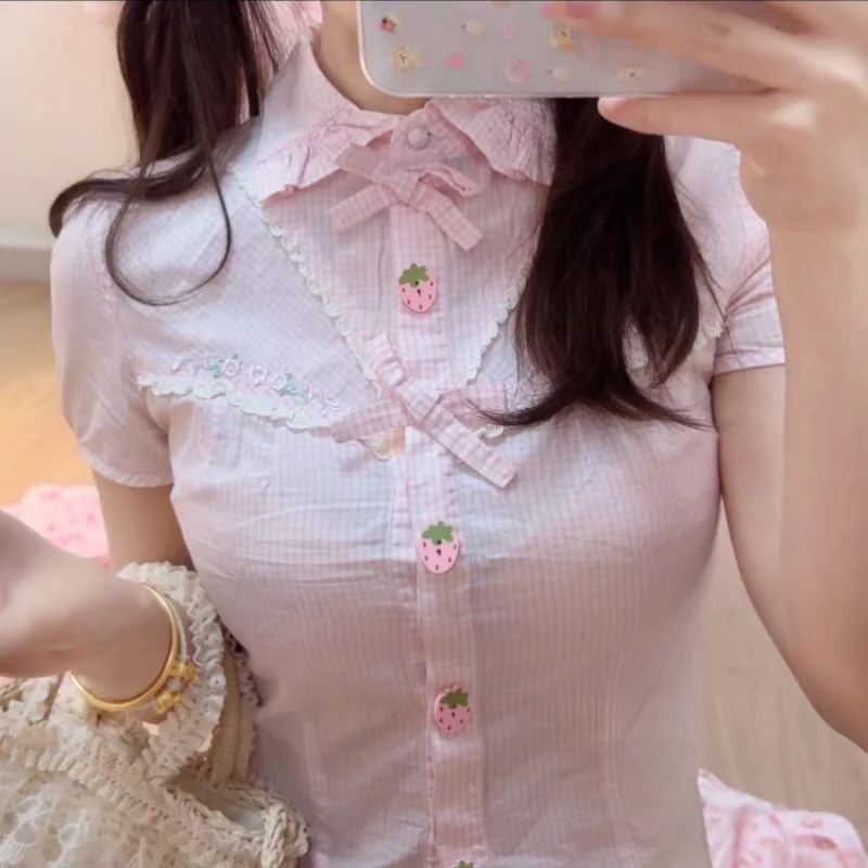

Japanese Kawaii Lolita Style Shirt Women Sweet Strawberry Button Pink Plaid Blouses Female Cute Y2k Bow Floral Embroidery Tops