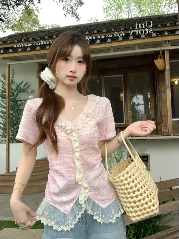 

Chic plus Size Women's Short Sleeve T-Shirt Lace Trim Splice Design Breathable Korean Style Summer New Arrival Top