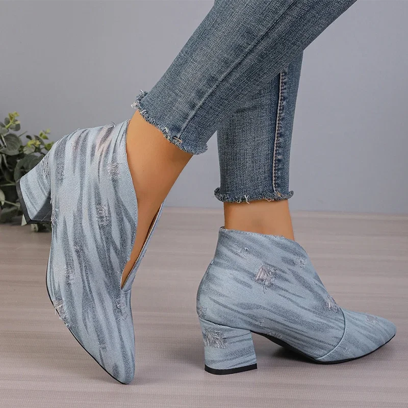 Ankle Boots High Heels Women Cowboy Boots Pointed Toe Canvas Shoes Trend Designer Sneakers Sexy Party Pumps Botas De Mujer