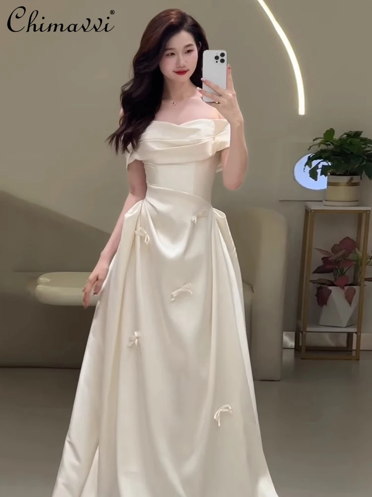 فستان زفاف فرنسي أنيق مثير خارج الكتف فستان زفاف عالي الخصر نحيف على شكل حرف a بفيونكة بيضاء فستان سهرة طويل للنساء #1