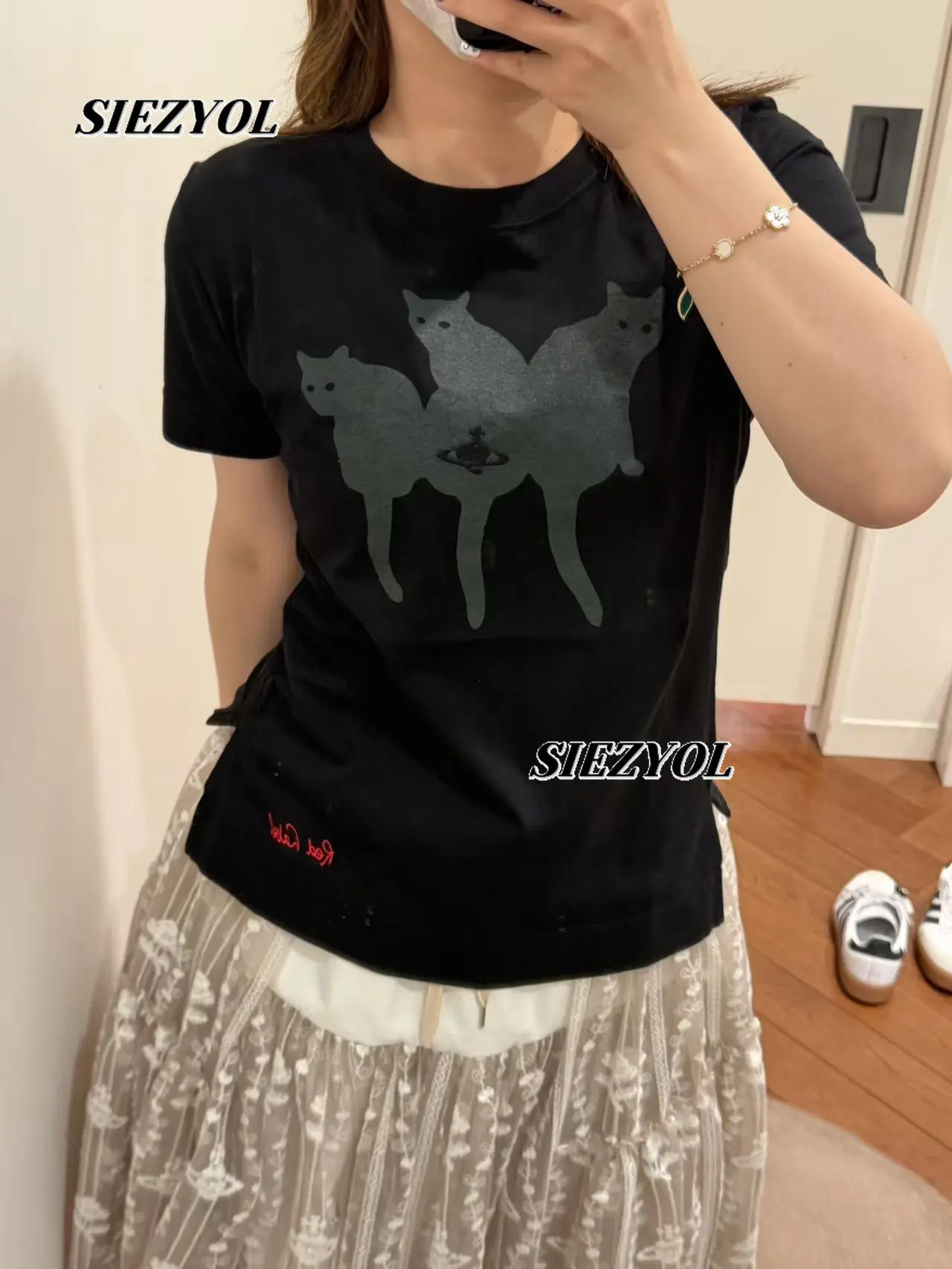 Japanese Style Summer New Short-sleeved Cat Pattern T-shirt Sweet Girls Casual Versatile Crew Neck White Striped Tops