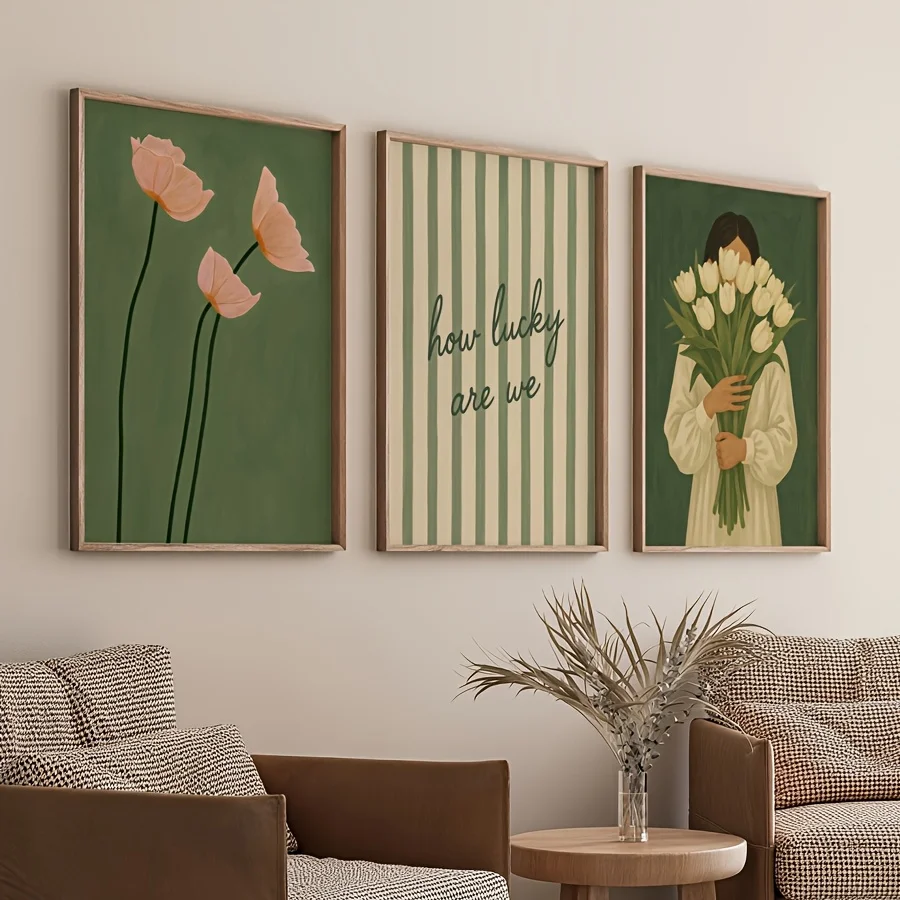 3pcs Green Romantic Love Quotes Posters - Frameless Vintage Striped Minimalist Floral Bohemian Wall Art for Bedroom Decortions