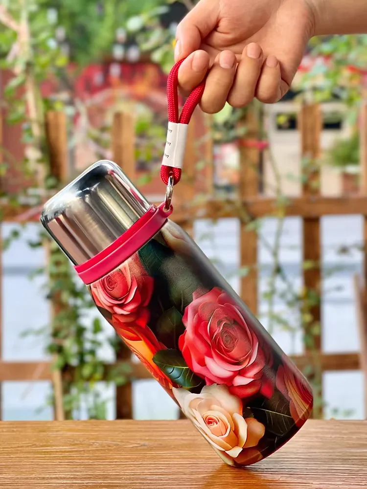 Retro and Bustling High-value Insulated Cup with Creative Rose Pattern Double-layer Water Cup Car Portable Drawstring Stew Cup