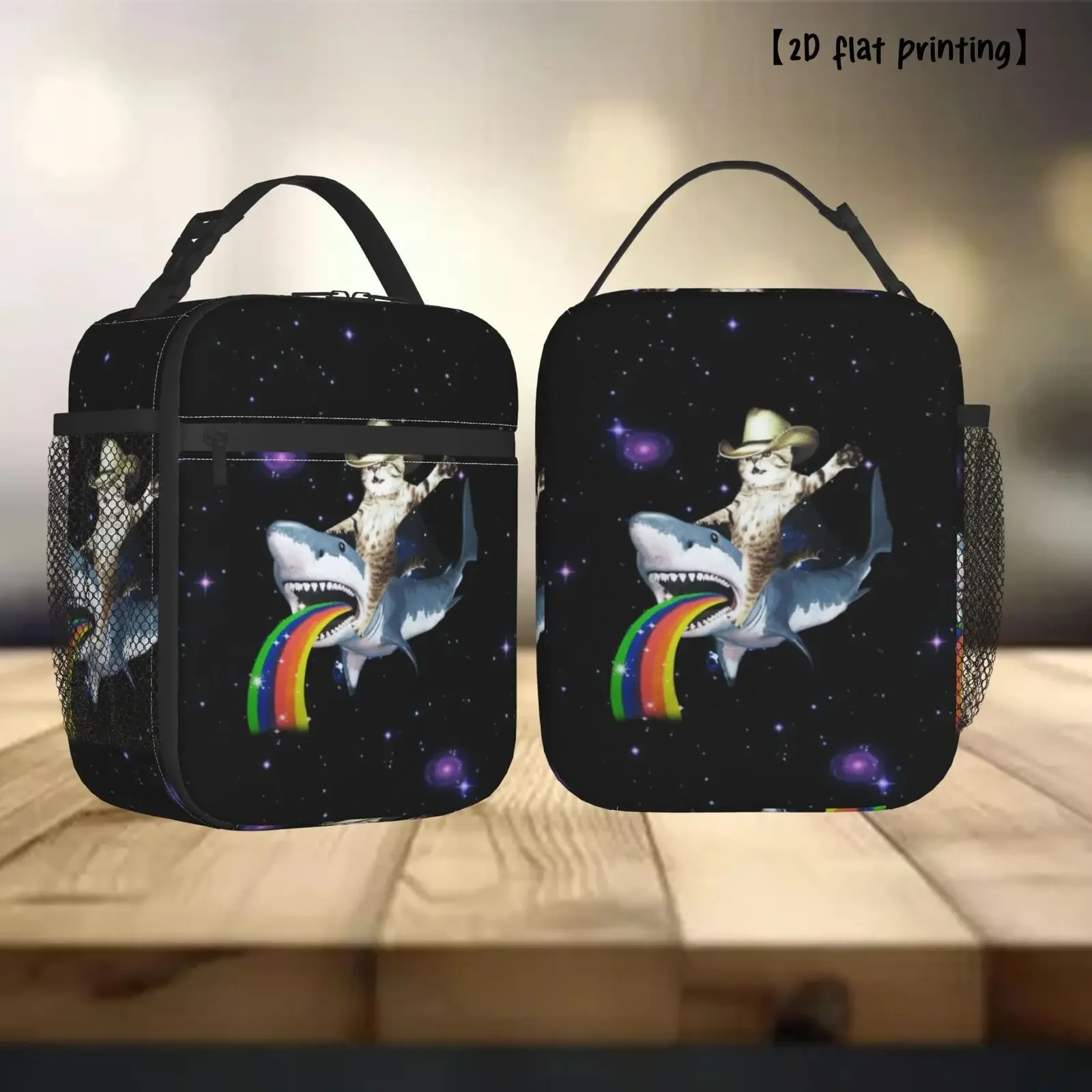 1pc [2D Flat Print] Fashionable Lunch Bag Featuring A Cat On A Shark, Reusable Bento Bag Suitable For Both Men And Women