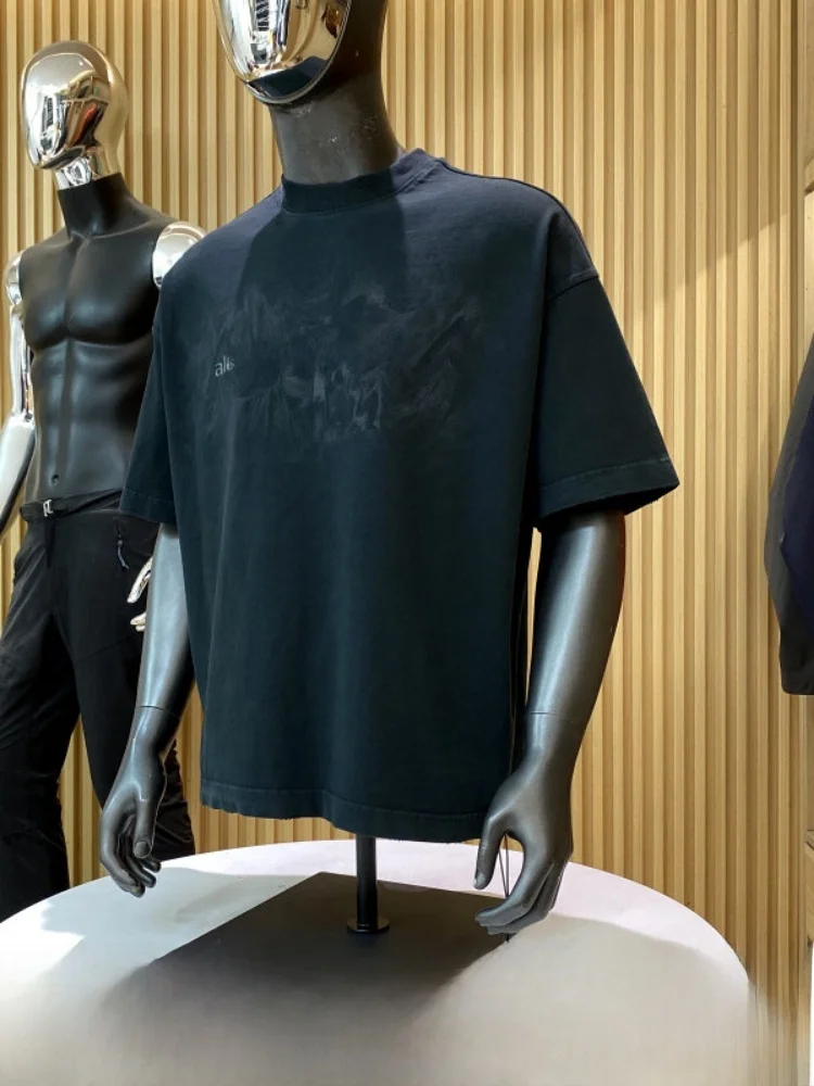 

Line Heavyweight Cotton Washed Vintage Print Summer Unisex Shape Hole Short Sleeve Fashionable Men's T-shirt