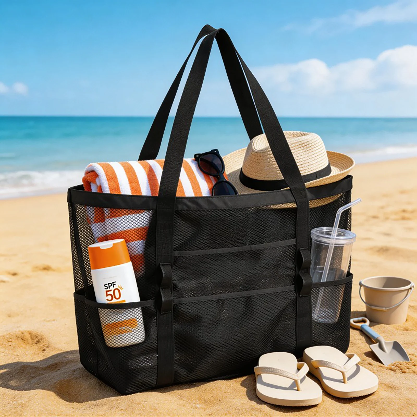 Portable Tote Bags Multi-Pocket Mesh Shoulder Beach Bag Swimming Bag Multi-function Travel Bag For Organizing Beach Storage