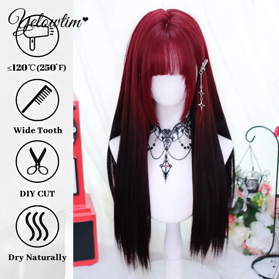 YELOWTIM Synthetic Long Straight Lolita Wig With Bang Red Ombre Black Cosplay Party Halloween Christmas Wavy Curly Harajuku Wig